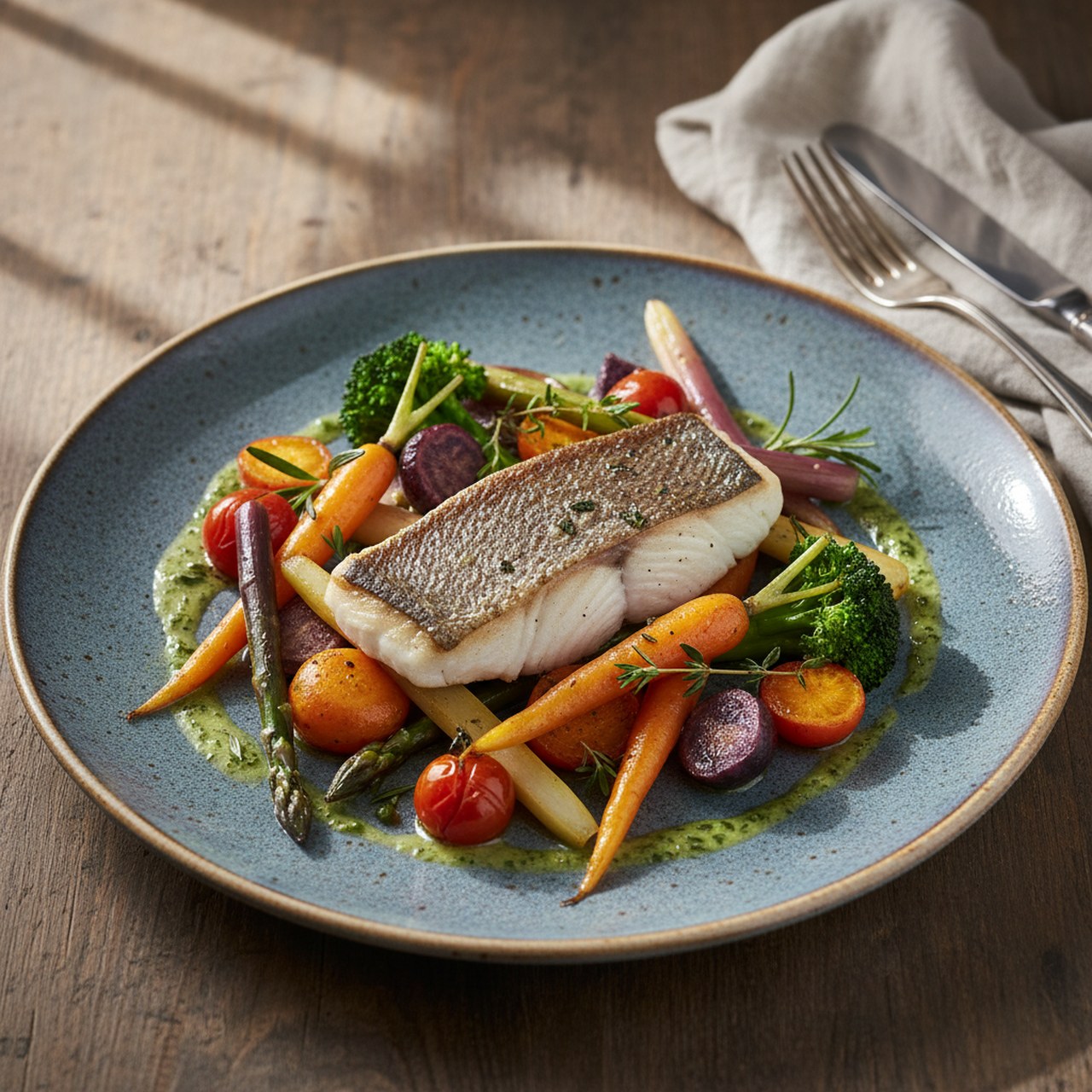 Plate of fish with seasonal vegetables