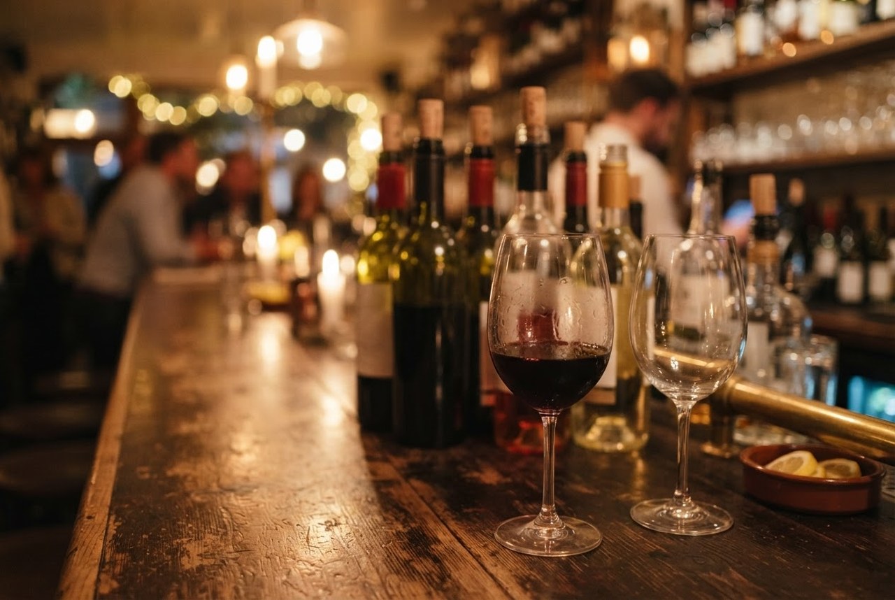 Wine glasses at the bar